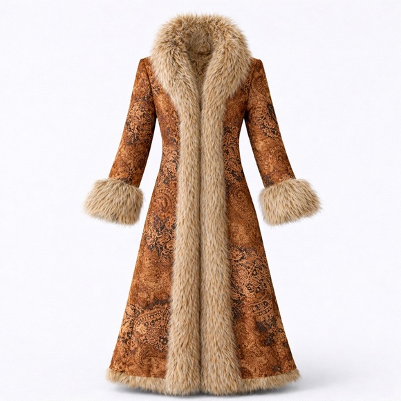 Newport News Jackets & Blazers - Vintage Newport News 90s Brown Paisley Penny Lane Coat Faux Fur Trim UNWORN Sz 8